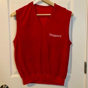 VTG 80s red pullover velour vest w/ ‘Thinggaard’ embroidered on chest sz L (?)